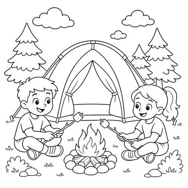 Camping d’été: tente et guimauves au feu de camp