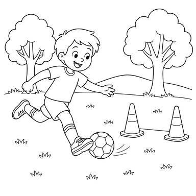 Sommerfußball im Park: Tore aus orangen Hütchen – Ausmalbild