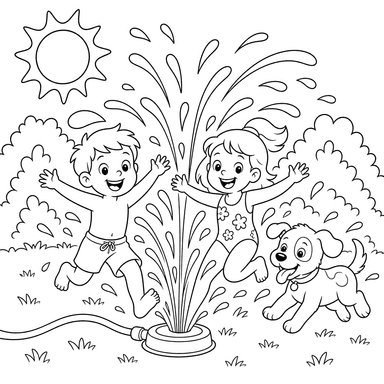 Kinder und Welpe im Sommersprinkler