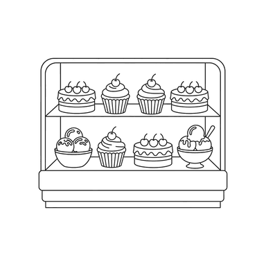 Ausmalbild Süße Bäckerei-Vitrine