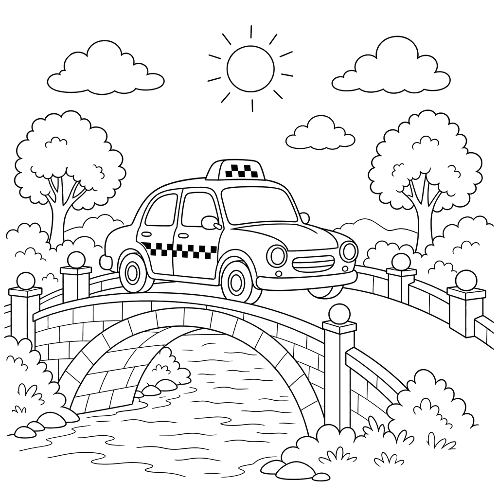 Coloriage Taxi sur un Pont