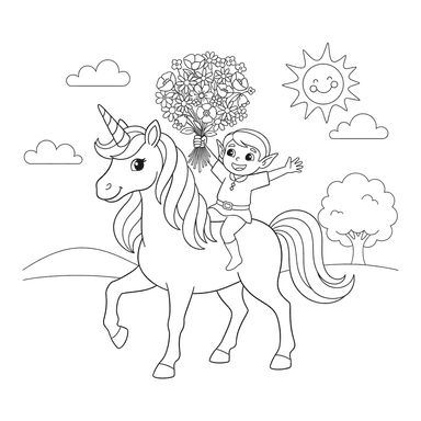 Dibujo para Colorear: Unicornio y Elfo con Flores