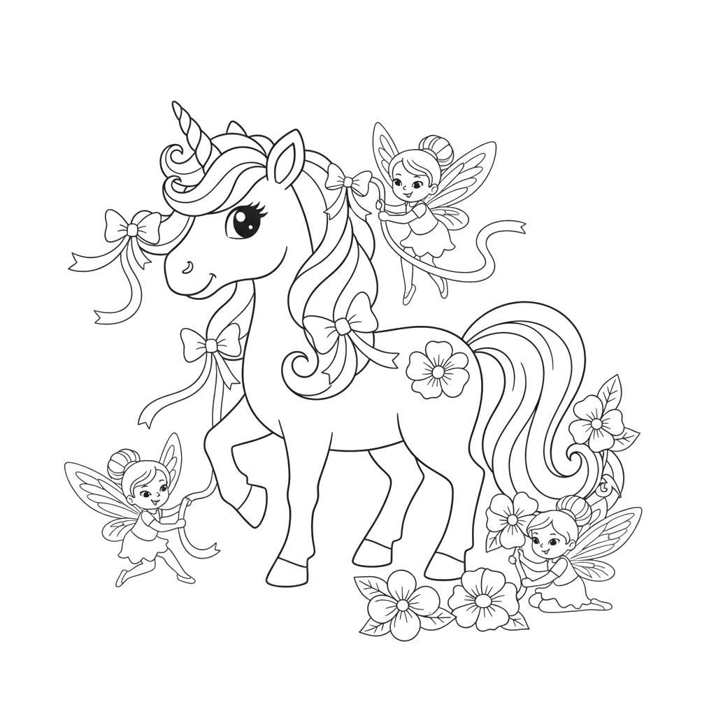 Einhorn und Feen Ausmalbild