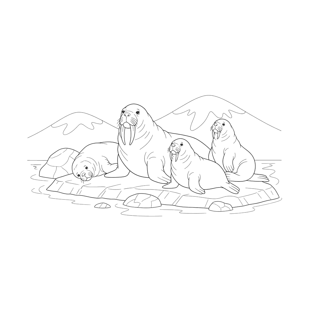 Ausmalbild Walrösser am Strand