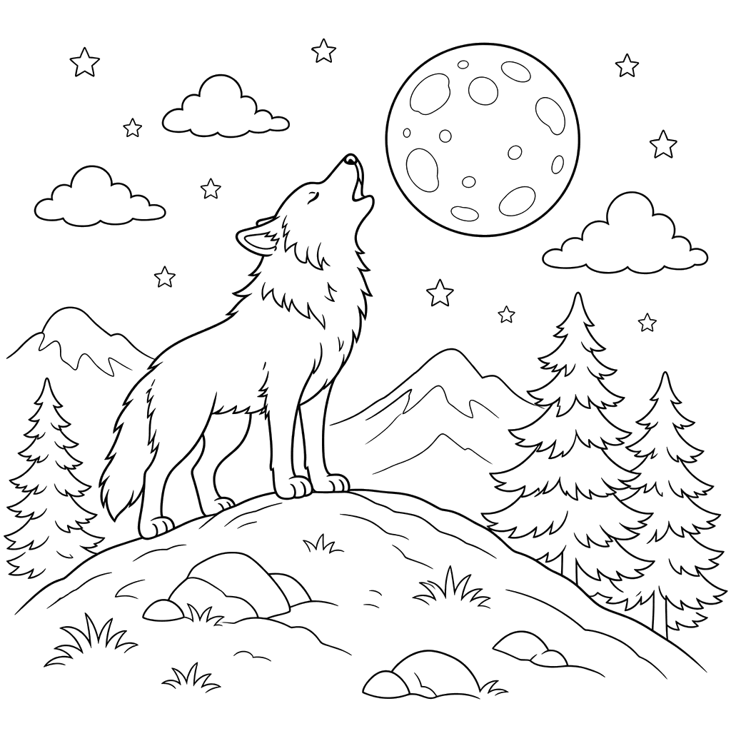 Ausmalbild Wolf heult den Mond an