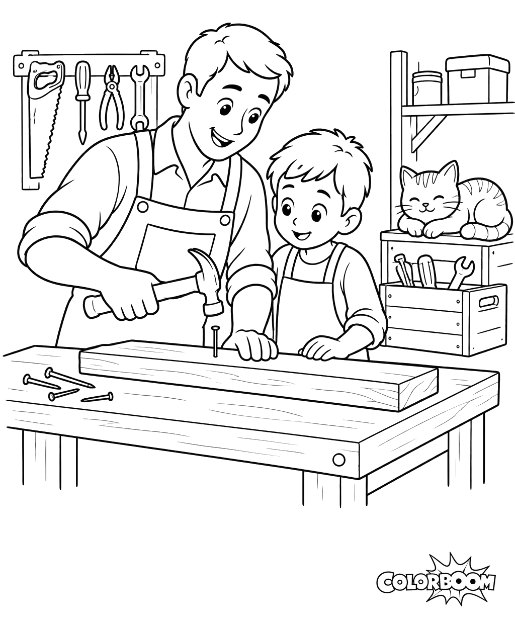 Ausmalbild: Vater und Sohn in der Werkstatt