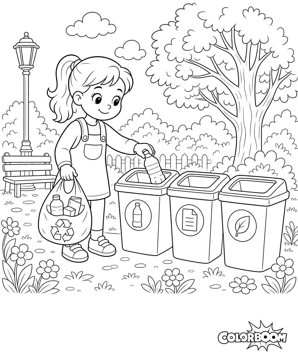 Desenho para colorir de Menina separando o lixo