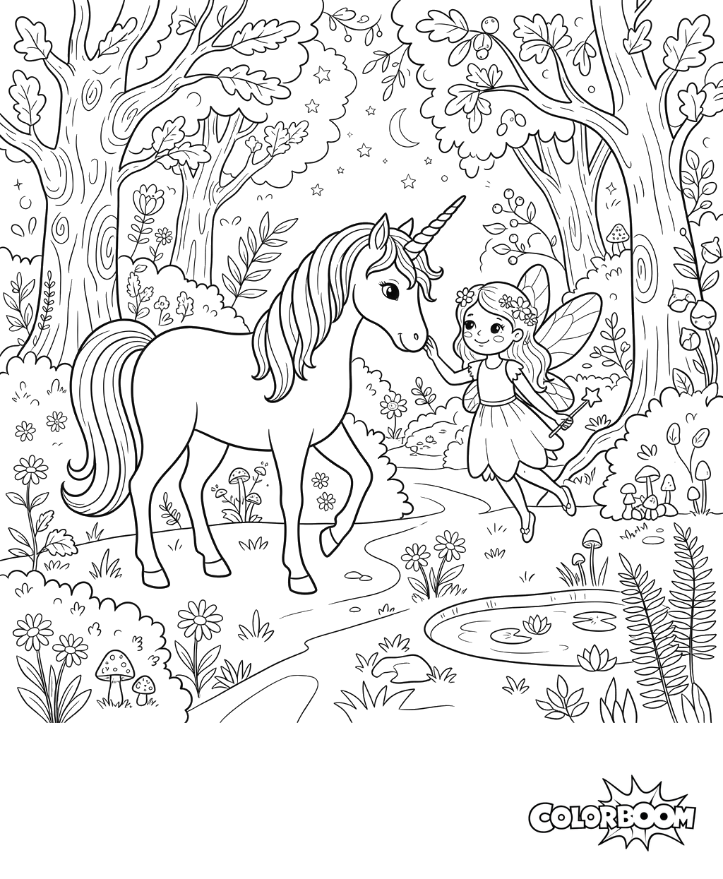 Dibujo para Colorear: Unicornio y Hada en el Bosque Mágico