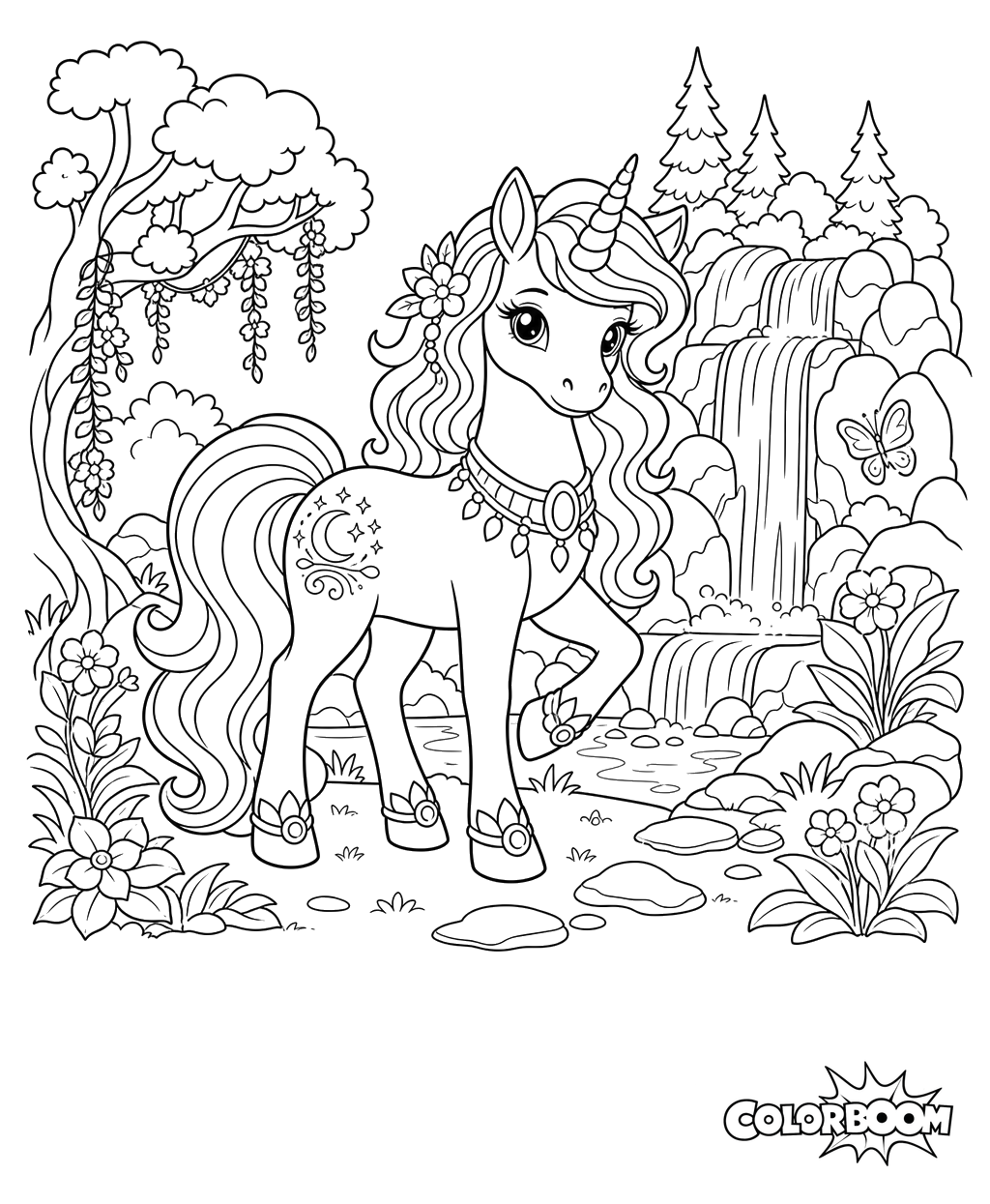 Unicornio junto a la cascada del bosque